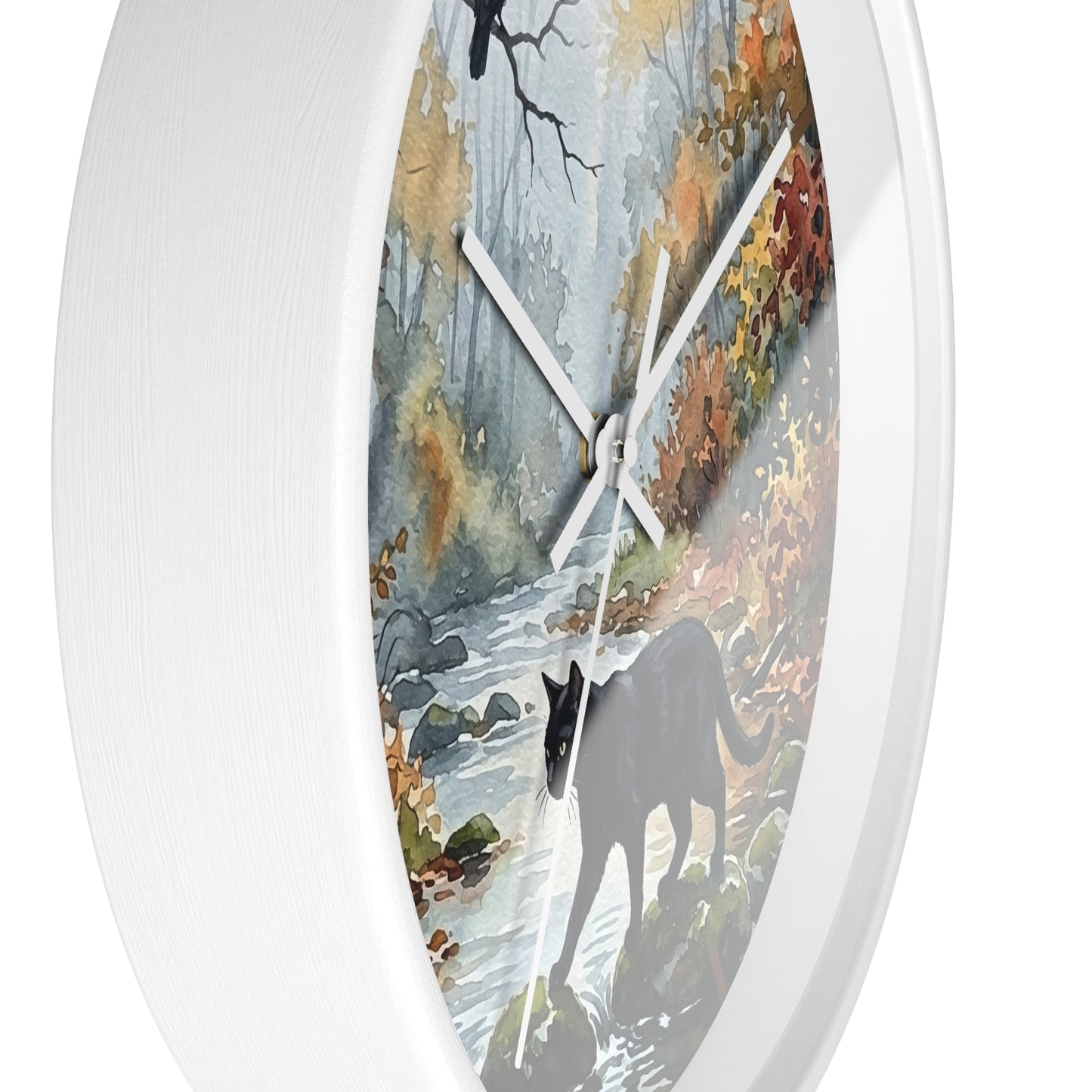 Round wall clock with a white frame and a printed nature scene on the face, showing a gray panther standing by a flowing stream in a forest with autumn foliage.