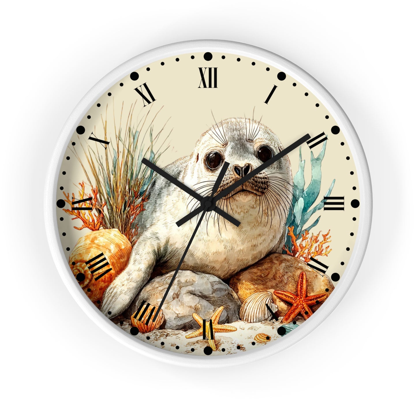 Round wall clock with a white frame and a printed illustration of a seal pup on an ocean beach background, featuring Roman numerals and black clock hands.