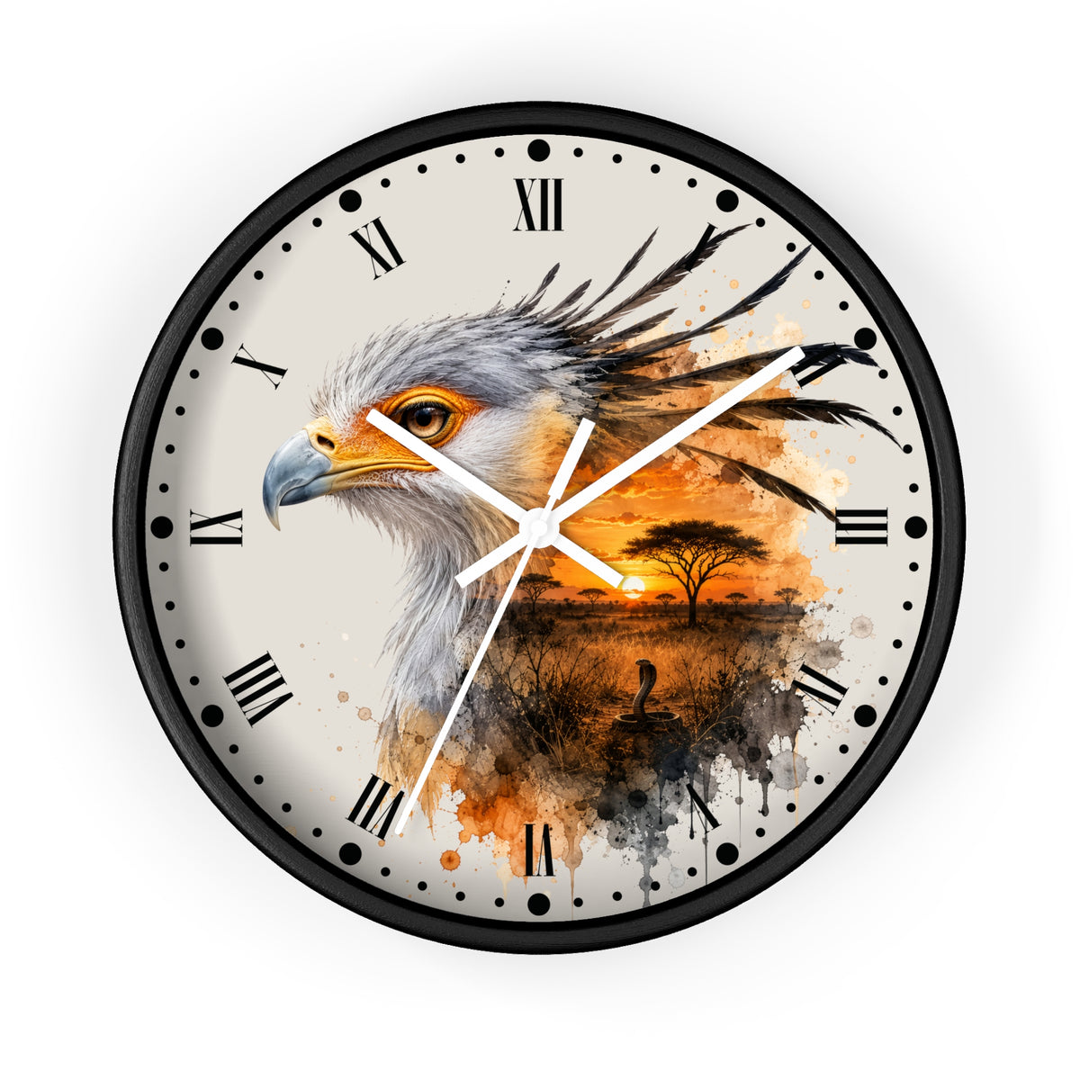 A round wall clock with a black frame and a printed design featuring a bird of prey head over an orange sunset landscape with a tree. The clock face is off-white with black Roman numerals and white hands, shown against a plain white background.