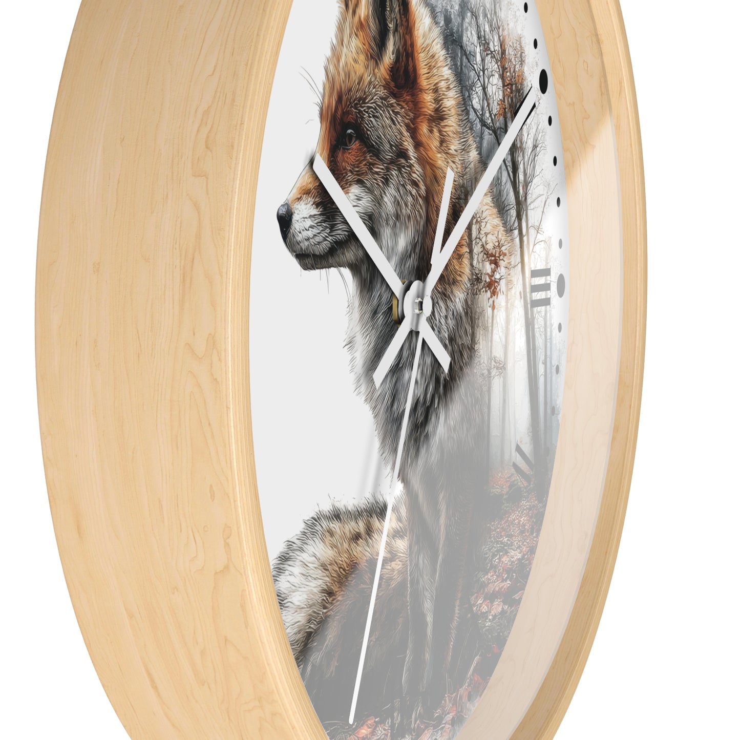 Round wall clock with a light natural wood frame and a printed fox portrait on the face, shown against a plain white background.