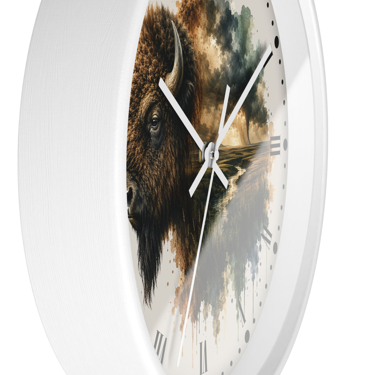 Buffalo Landscape Wall Clock — Rustic Prairie Bison Art