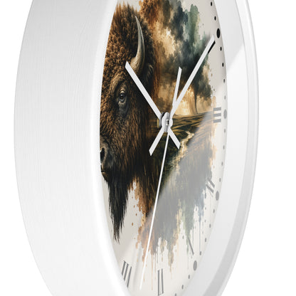 Buffalo Landscape Wall Clock — Rustic Prairie Bison Art