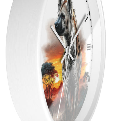 Oval wall clock with a white frame and a printed hyena portrait over an orange sunset landscape scene on the face.
