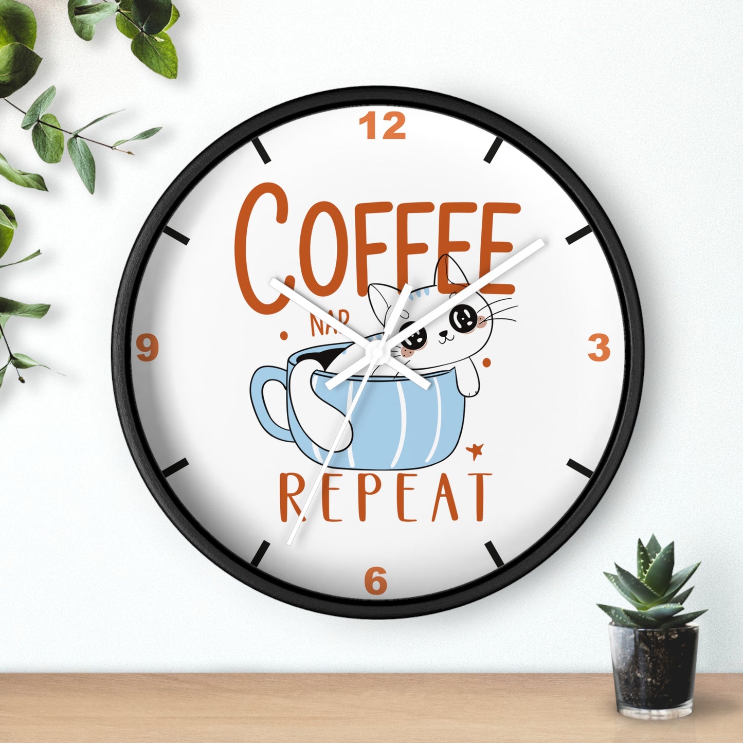 Coffee Nap Repeat Wall Clock | Cute Cat in Mug Kitchen Decor