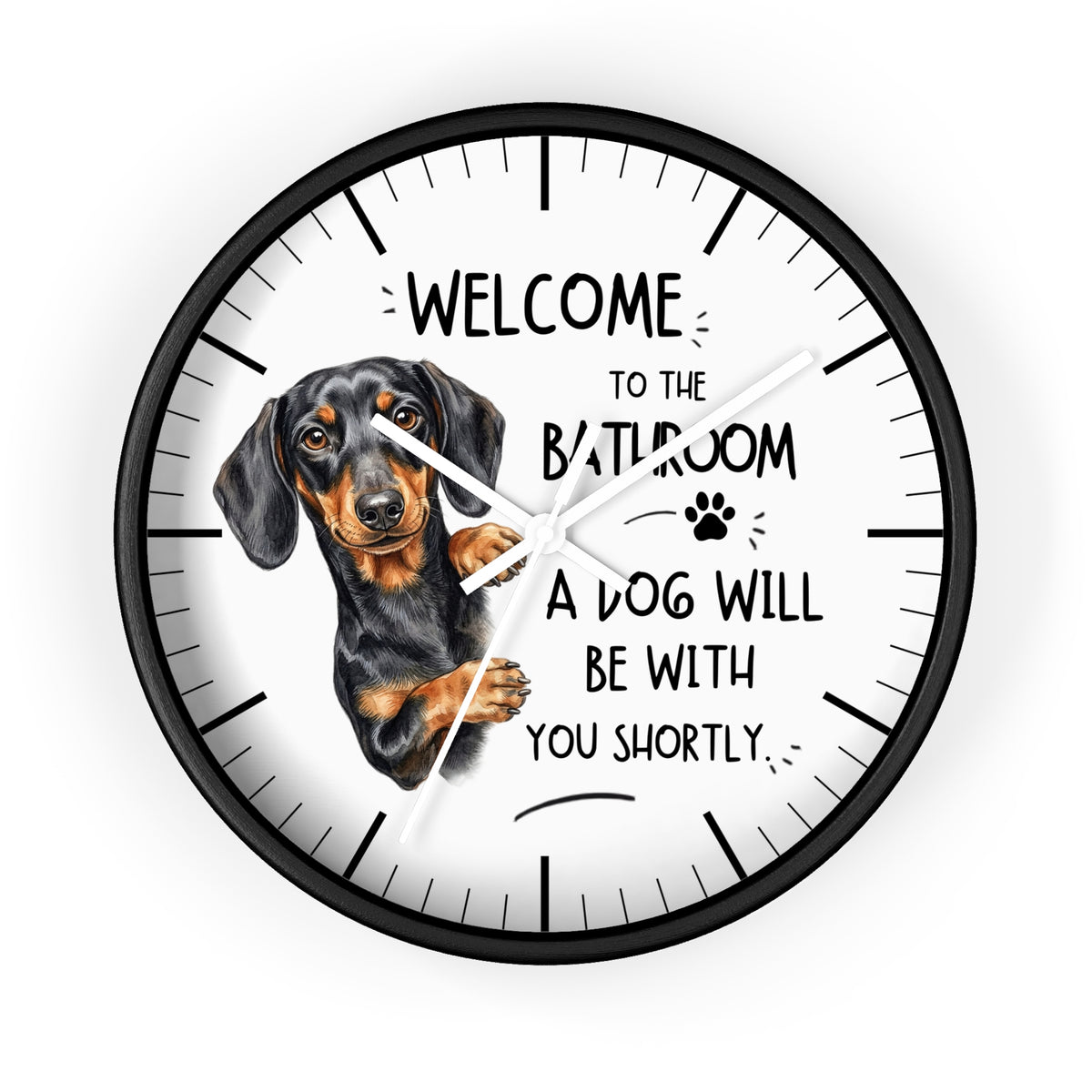 Peeking Dachshund Bathroom Wall Clock — Funny Dog Will Be With You Shortly