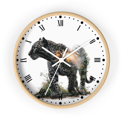 A round wall clock with a light wood frame and a white face featuring a detailed print of a leopard in the center. The clock has black Roman numerals and markers, white hands, and is shown against a plain white background.