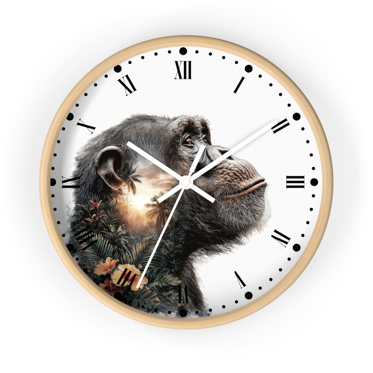 A round wall clock with a light wood frame and a white face featuring a detailed illustration of a chimpanzee's head with tropical foliage and a glowing light source. The clock has black Roman numerals and black dot hour markers, with white hands.