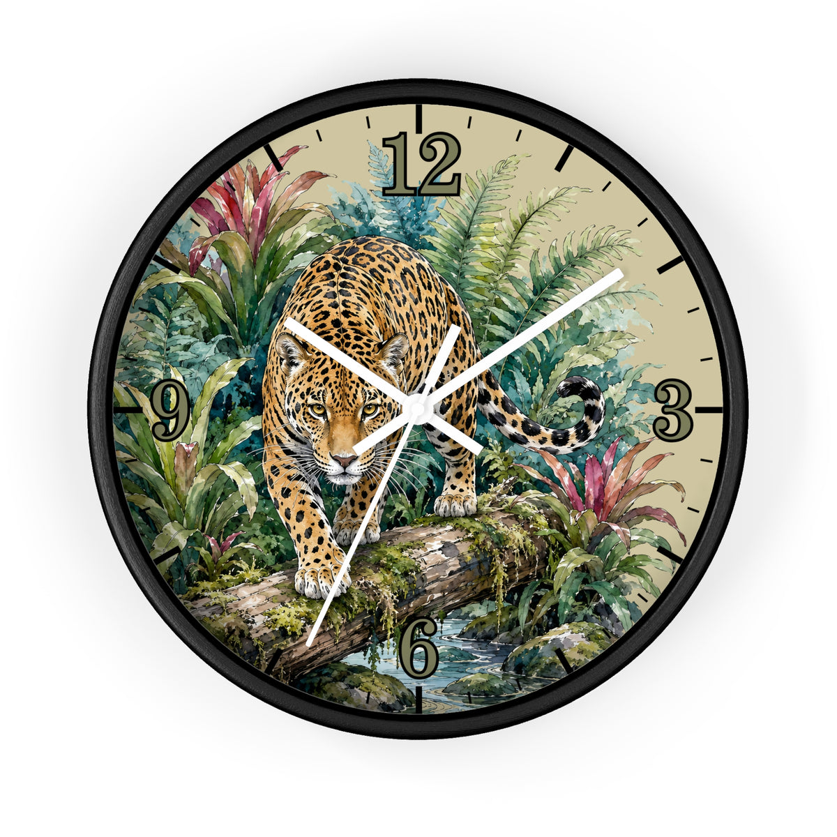 Round wall clock with a black frame and a detailed illustration of a leopard walking through lush green jungle foliage on the clock face, with black Arabic numerals and white clock hands.