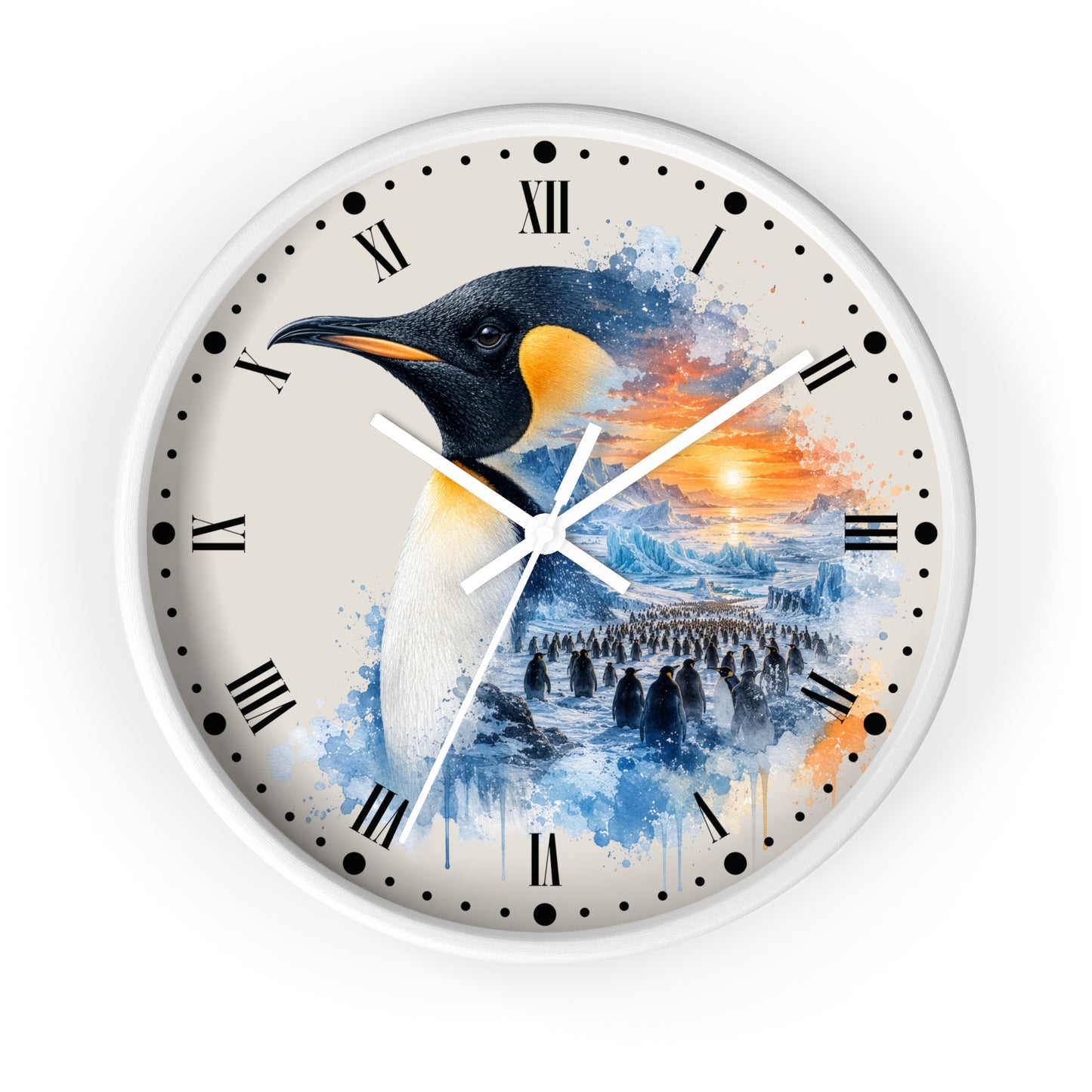 King Penguin Sunset Wall Clock — Arctic Animal Scenic Decor