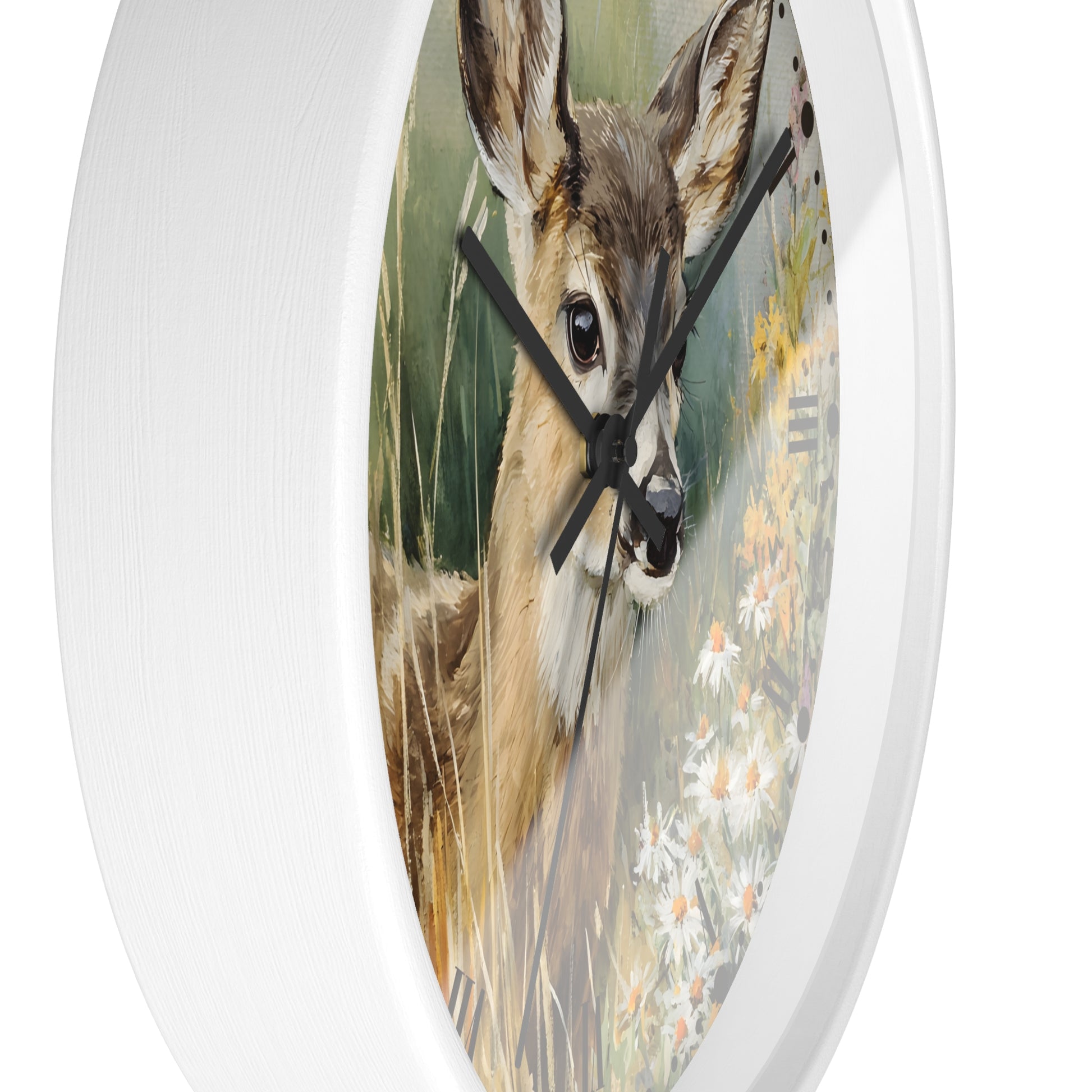 Round wall clock with a white frame and a printed deer in a grassy field design on the face, shown against a plain white background.