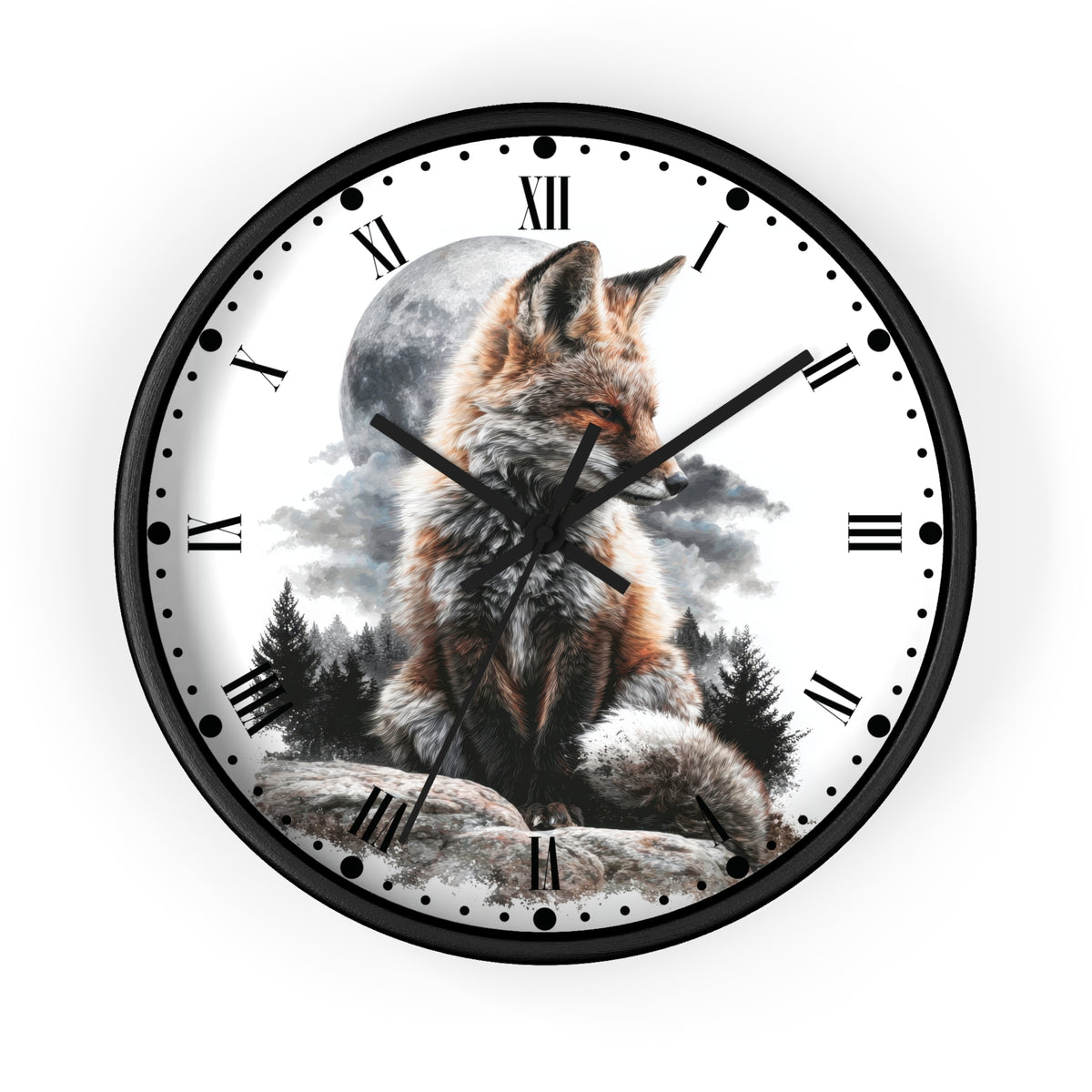 A round wall clock with a black frame and a white face featuring a detailed illustration of a fox sitting in front of a full moon and trees. The clock has black Roman numerals and black hands.
