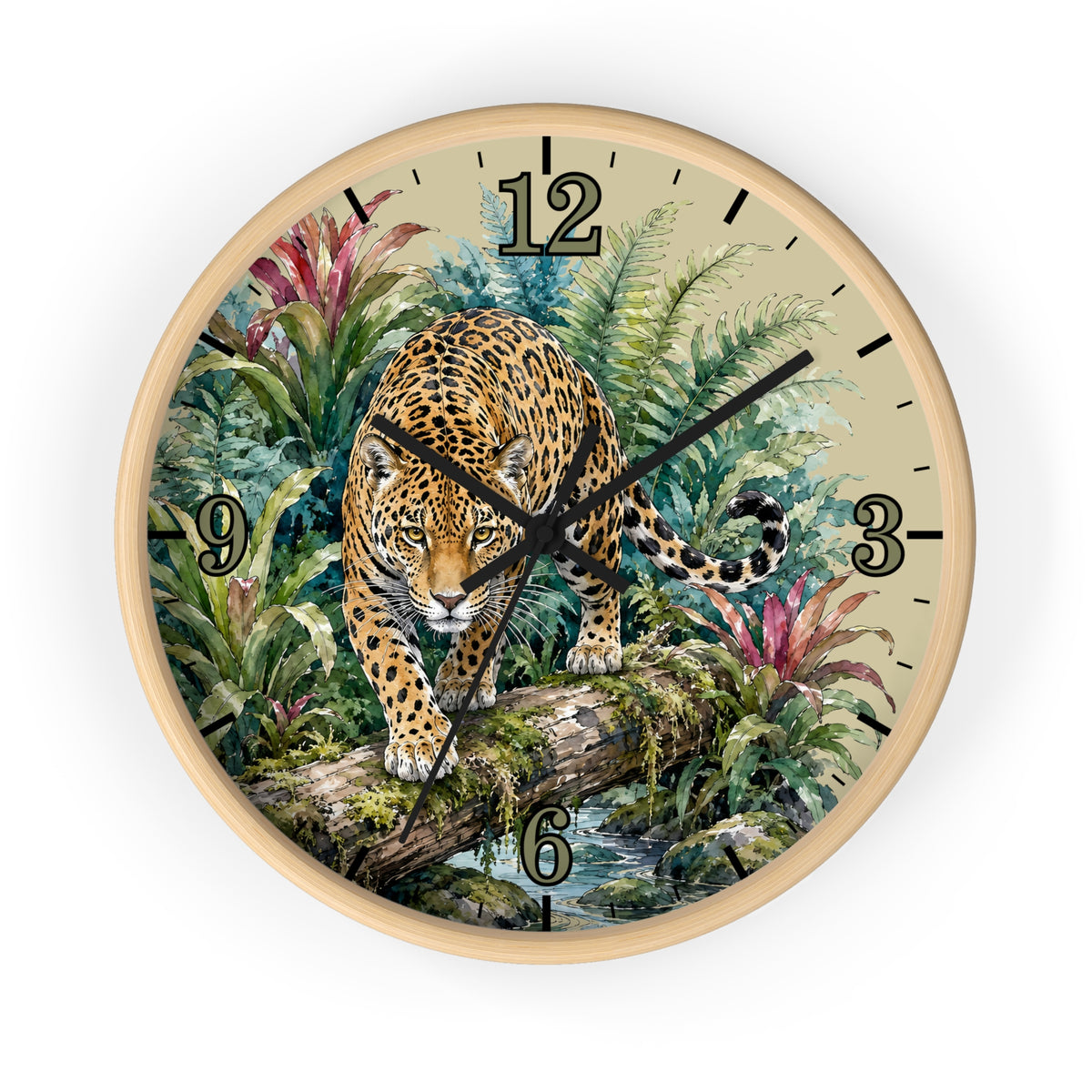 A round wall clock with a light wood frame featuring a detailed illustration of a leopard walking over a log in a lush jungle scene. The clock face has a beige background with black Arabic numerals and black hands.