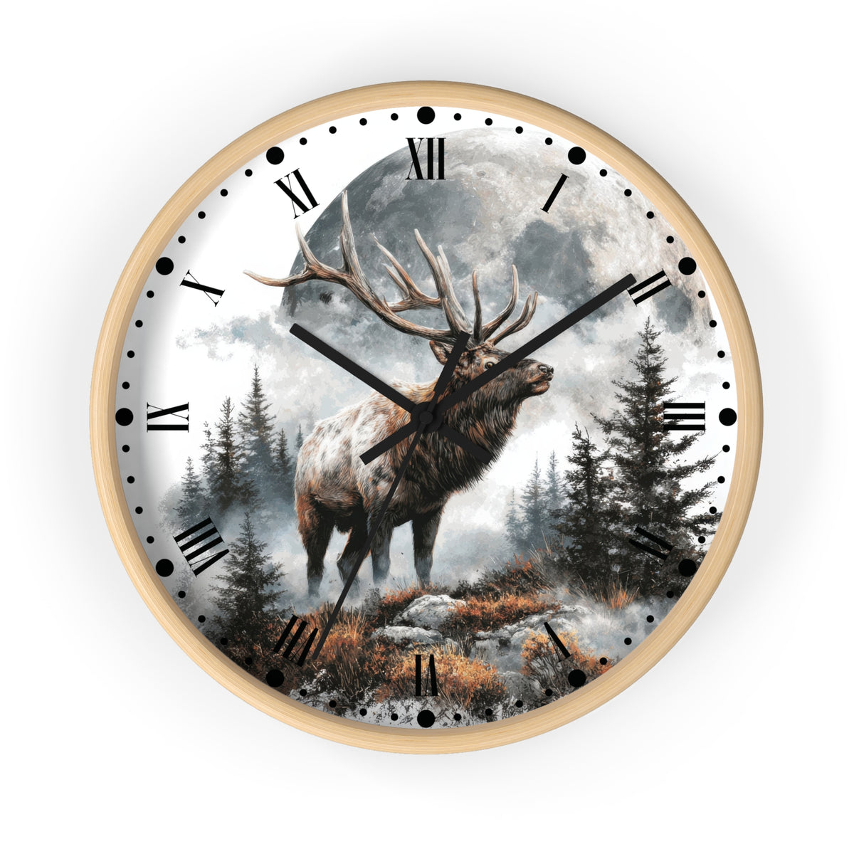 Round wall clock with a light wood frame and a printed scenic dial showing a large deer standing in a misty forest under a full moon, with black Roman numerals and black clock hands.