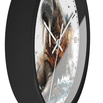 A round wall clock with a black frame and a printed face showing a walrus above an icy ocean scene. The clock is photographed against a plain white background.
