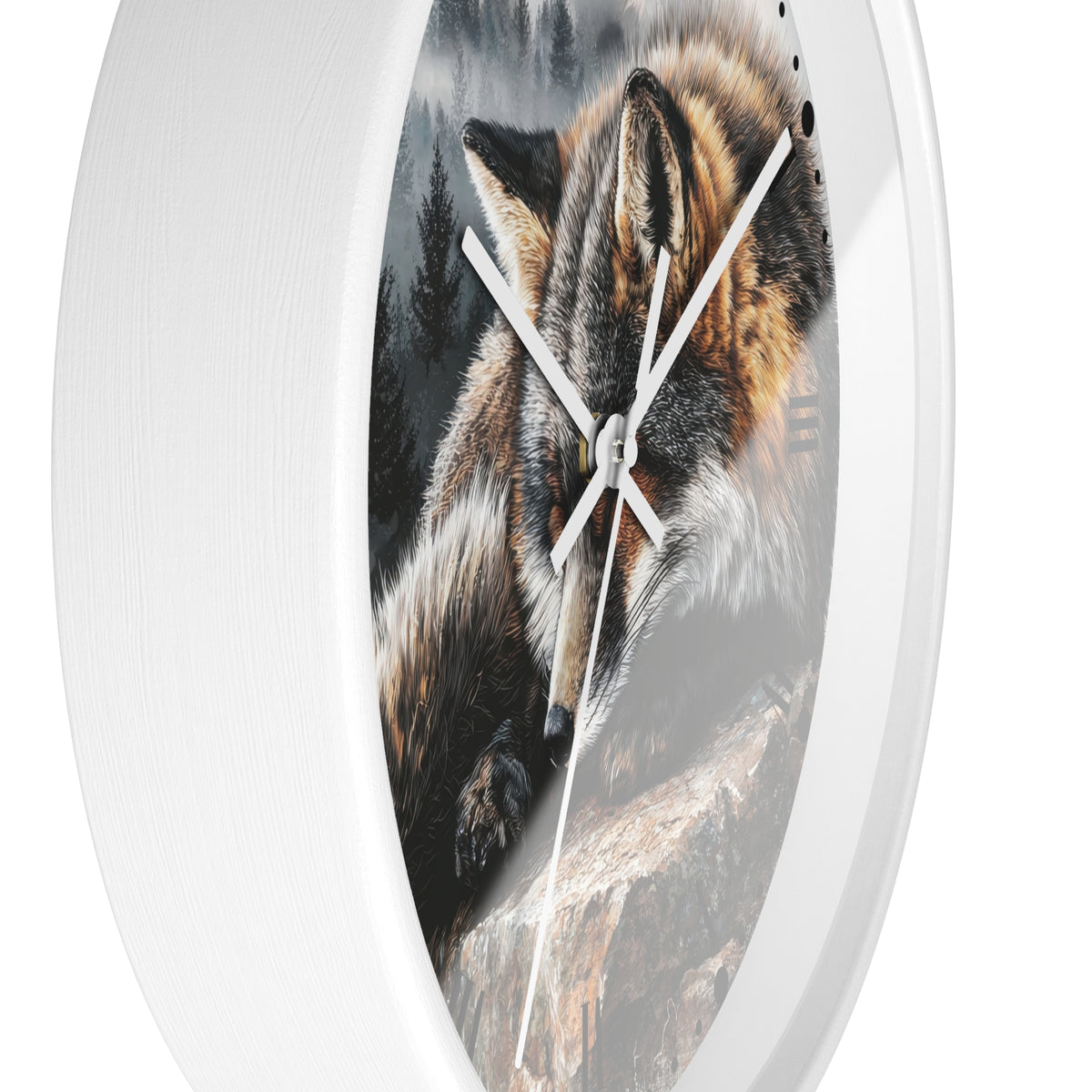 Round wall clock with a white frame and a printed fox illustration on the face, shown against a plain white background.