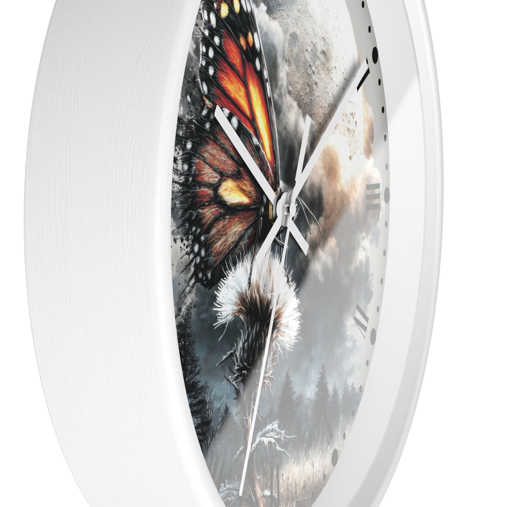 A white round wall clock with a surreal printed face showing a monarch butterfly over a dandelion and a cloudy sky.
