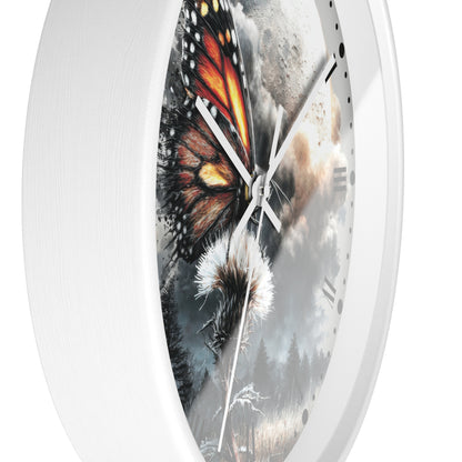 A white round wall clock with a surreal printed face showing a monarch butterfly over a dandelion and a cloudy sky.