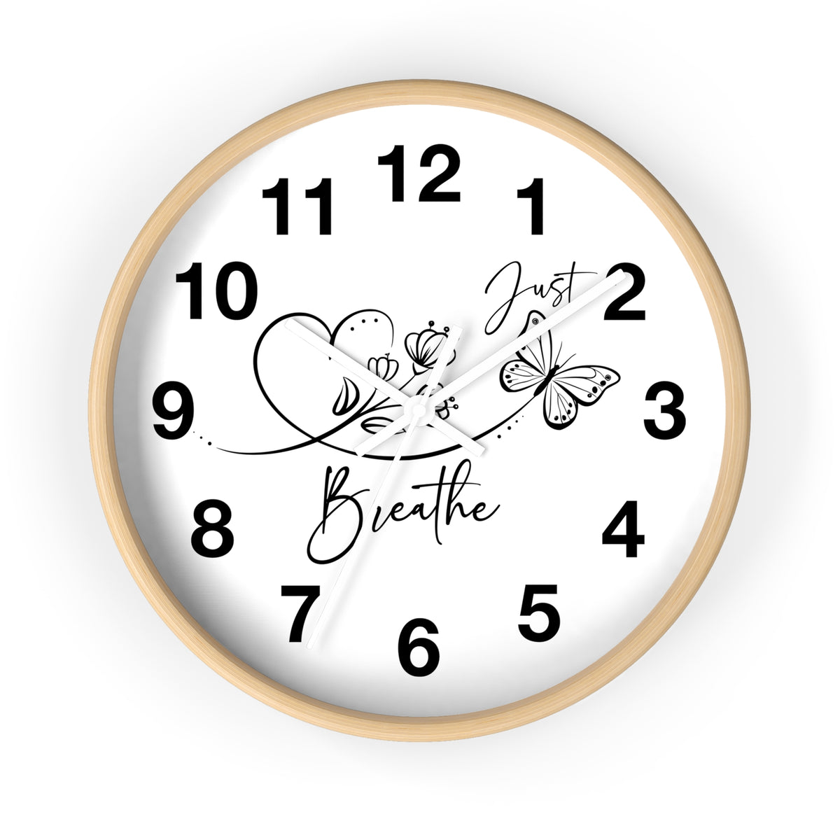 Motivational Wall Clock — "Just Breathe" Minimalist Floral Butterfly Clock