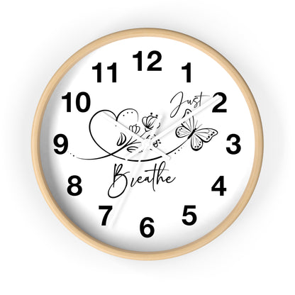 Motivational Wall Clock — "Just Breathe" Minimalist Floral Butterfly Clock