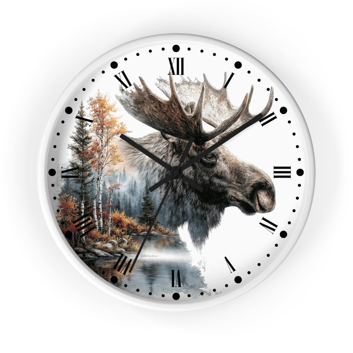 A round wall clock with a white face and black Roman numerals, featuring a printed design of a moose head over a forest and lake scene.