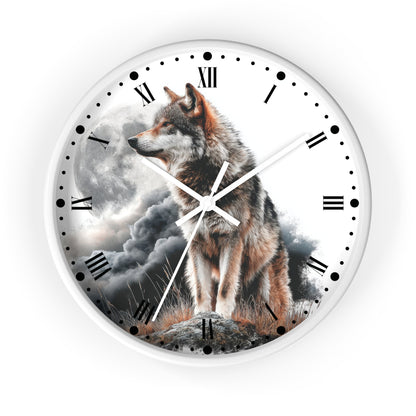 A round wall clock with a white frame and a printed design of a wolf standing in front of a cloudy moonlit sky. The clock face has black Roman numerals and black hour markers, with white clock hands.