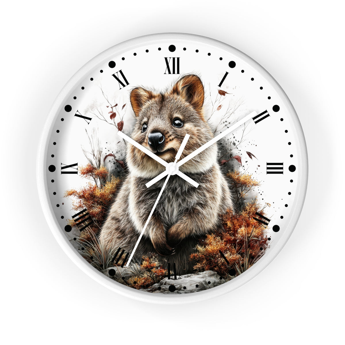 Round wall clock with a white frame and face, featuring a detailed illustration of a brown and gray quokka surrounded by autumn foliage. The clock uses Roman numerals for hour markers and has white hands.