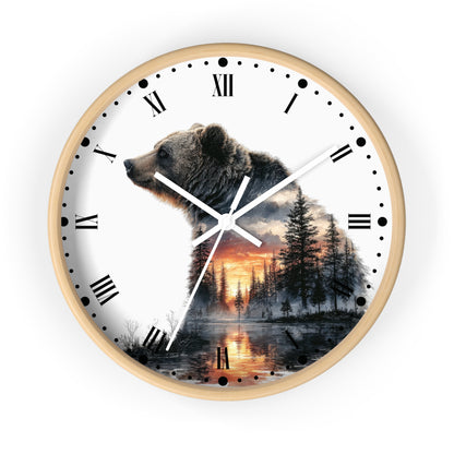 Bear Silhouette Wall Clock — Mountain Sunset Forest Double Exposure Decor