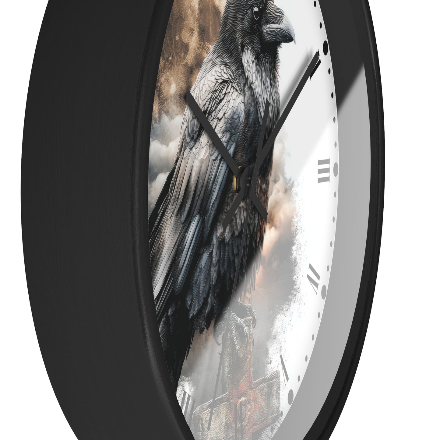 A close-up of a round wall clock with a black frame and a printed raven design on the face, set against a plain white background.