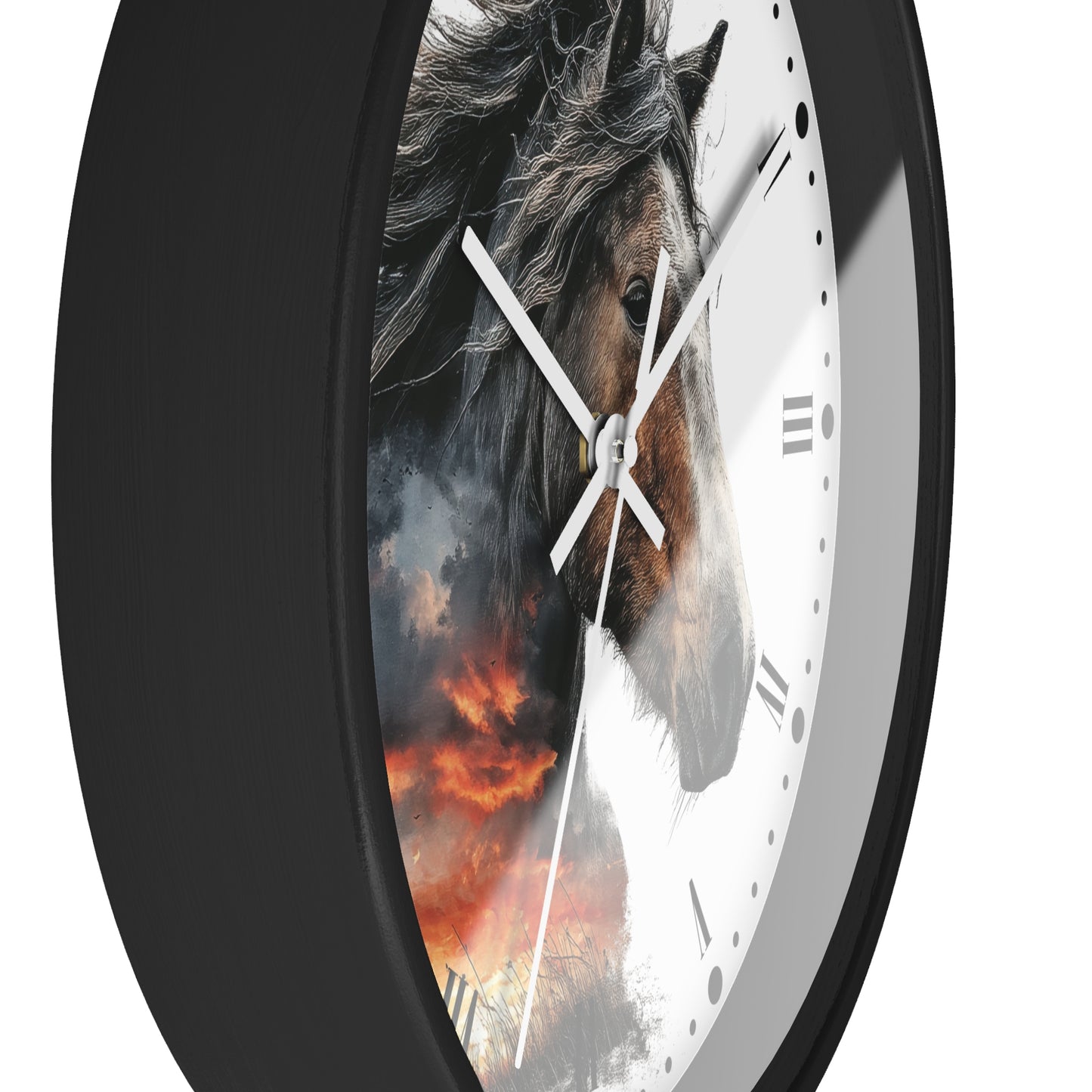 A close-up of a round wall clock with a black frame and a printed design featuring a horse's face over a fiery sky. The clock face is white with Roman numerals and white hands.