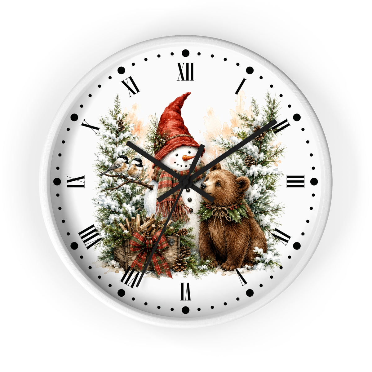 A round white wall clock with a festive winter illustration on the face, featuring a snowman in a red hat, a brown bear, evergreen trees, and black Roman numerals and hands on a white background.