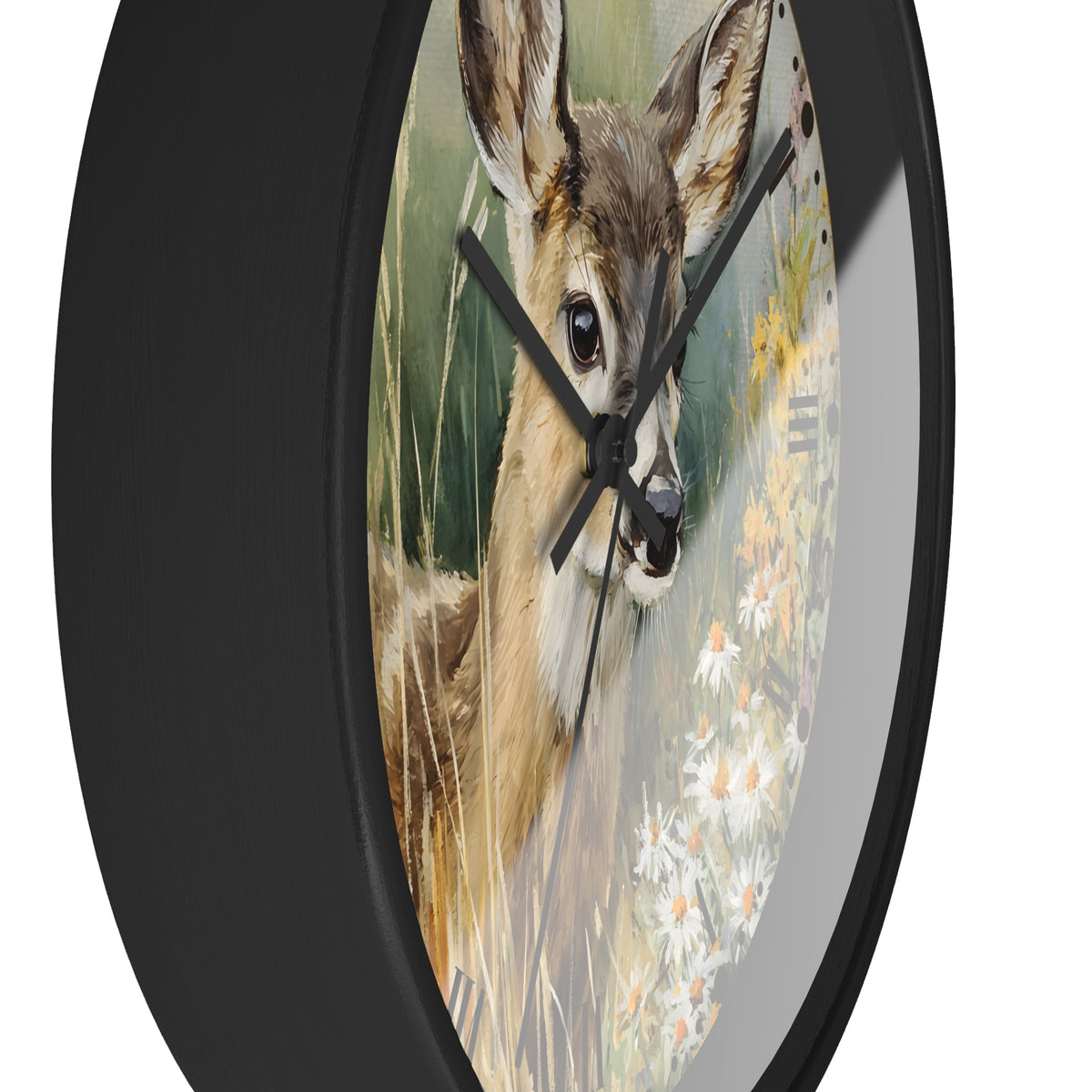 A round wall clock with a black frame and a printed deer illustration on the face, shown against a plain white background.