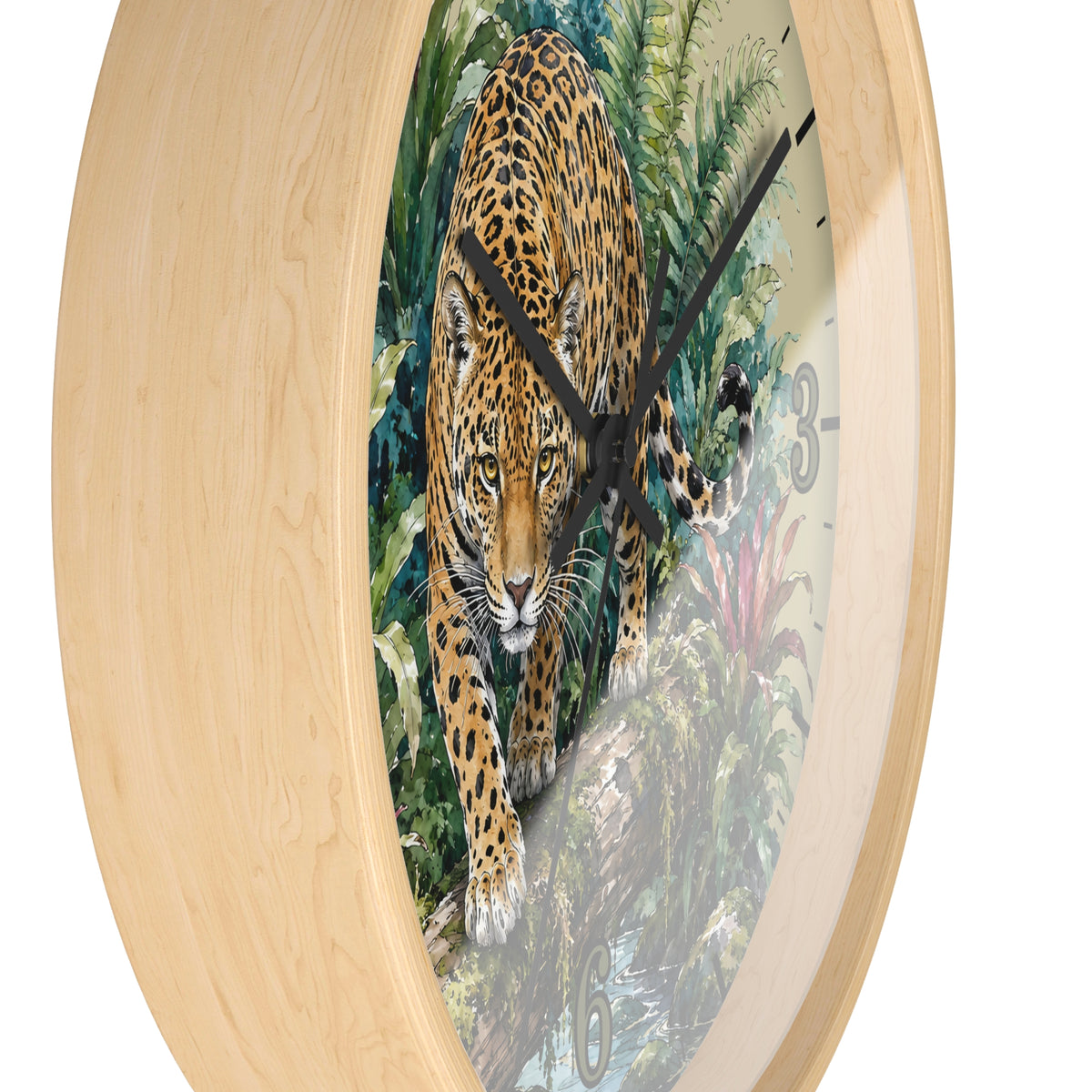 Round wall clock with a light natural wood frame and a printed artwork of a leopard walking through green foliage, shown on a white background.