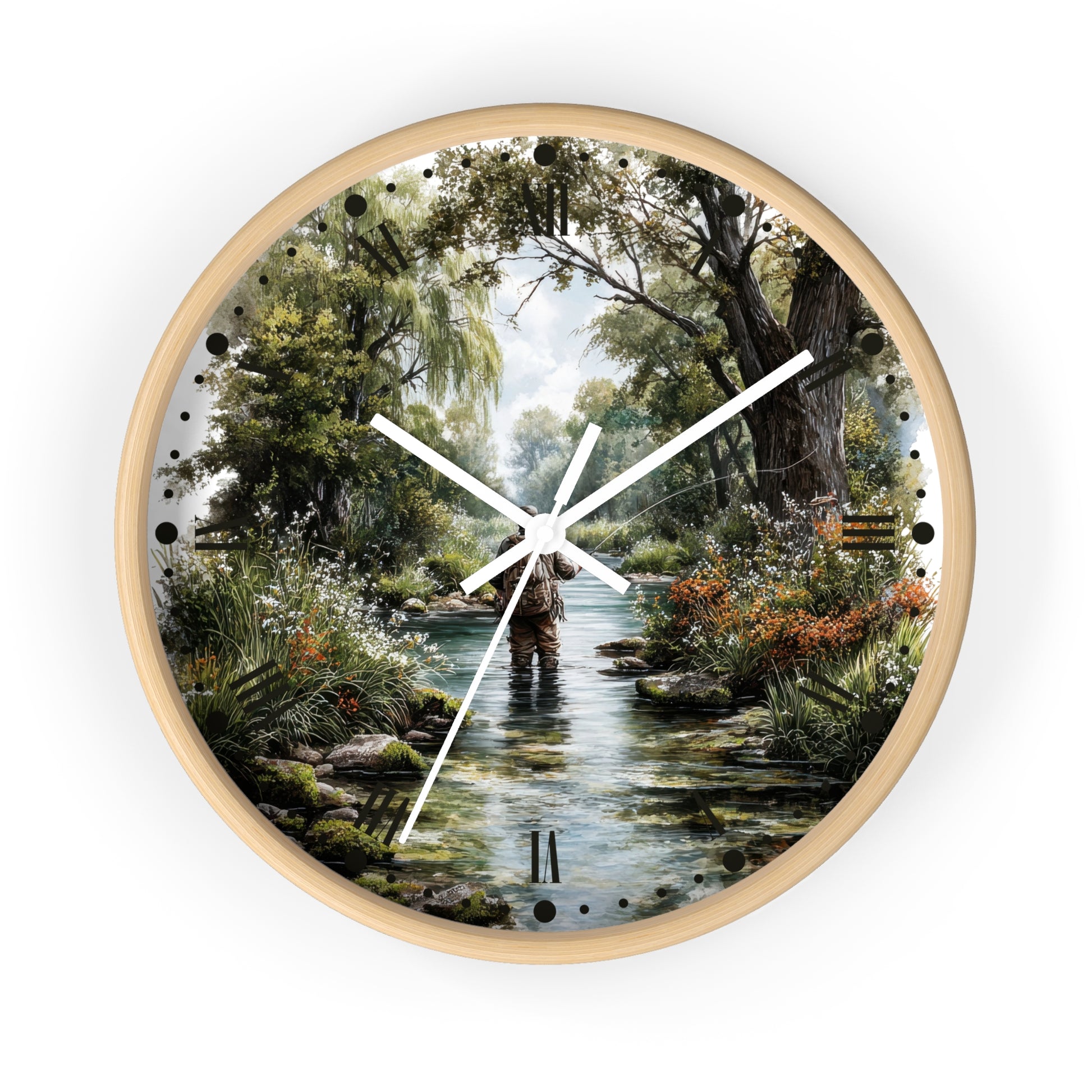 Round wall clock with a light wood frame and a printed scenic dial showing a person wading through a stream in a forest. White clock hands and small black dot hour markers are visible against a plain white background.