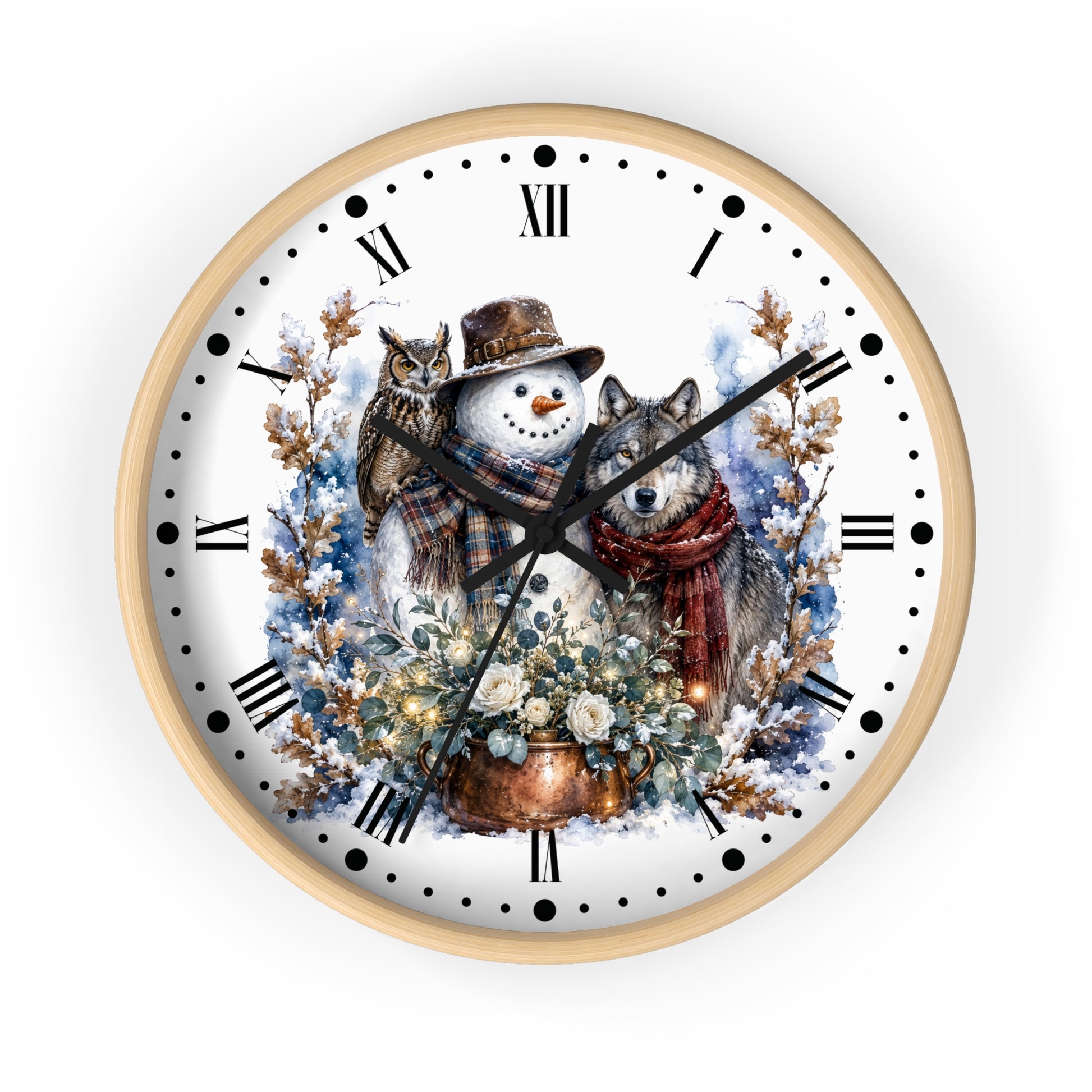 A round wall clock with a light wood frame and a white face featuring a winter illustration of a snowman, a wolf, an owl, flowers, and snow-covered branches. The clock has black Roman numerals and black hands on a clean white background.