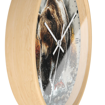 Round wall clock with a light natural wood frame and a printed bear scene on the face, shown against a plain white background.