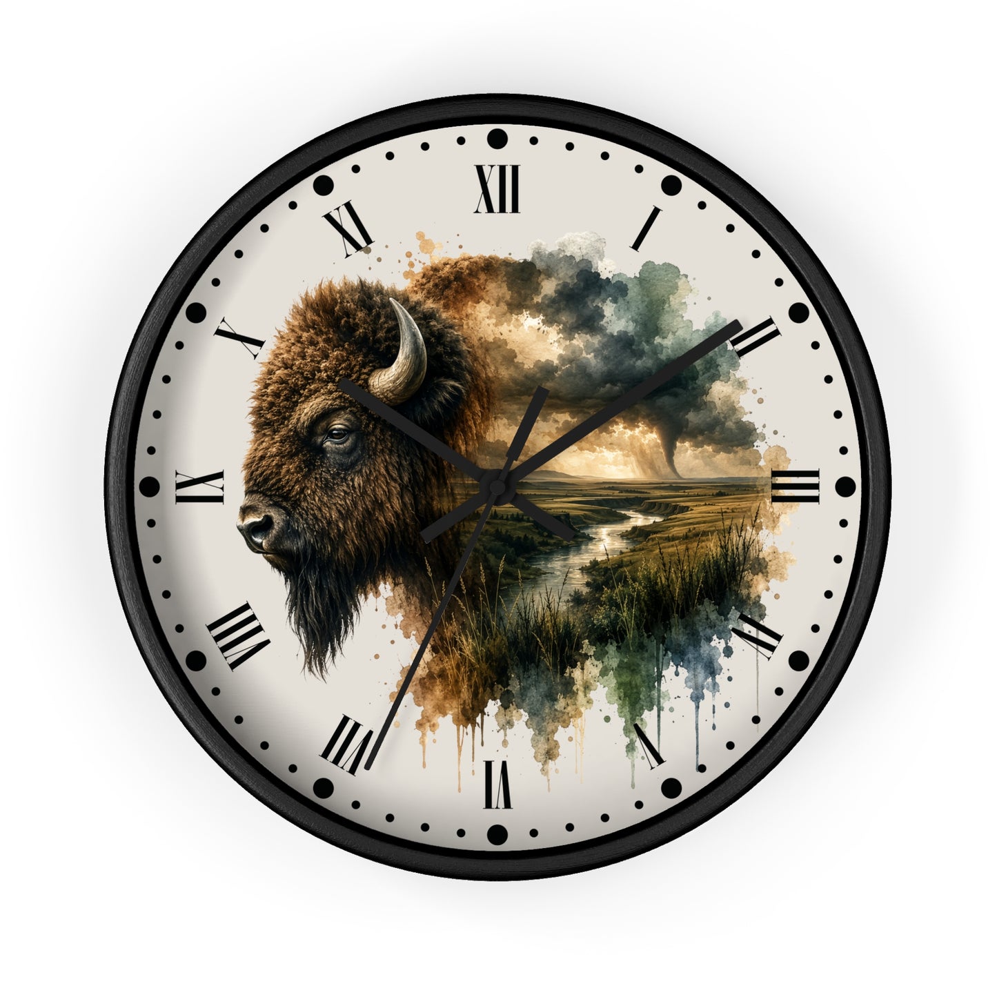 Buffalo Landscape Wall Clock — Rustic Prairie Bison Art