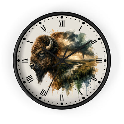 Buffalo Landscape Wall Clock — Rustic Prairie Bison Art