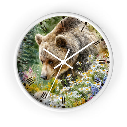 Grizzly Bear in Wildflower Meadow Wall Clock — Rustic Nature Animal Decor