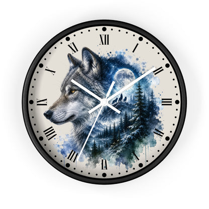 A round wall clock with a black frame and a printed design featuring a gray wolf in profile over a blue-toned forest and moonlit sky. The clock face is off-white with black Roman numerals and black hands.