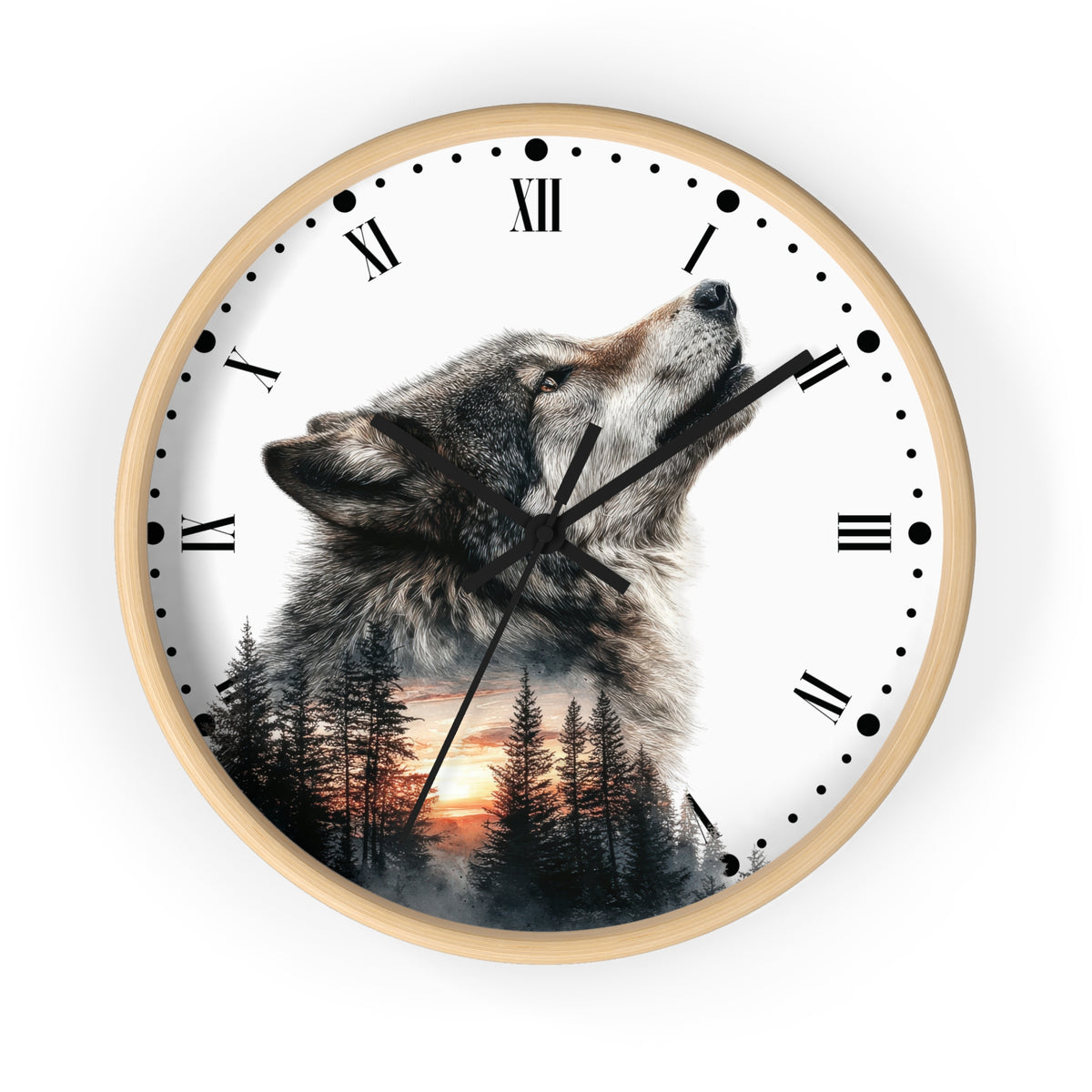 Wolf  Sunset Wall Clock with Roman Numerals — Rustic Forest Animal Decor