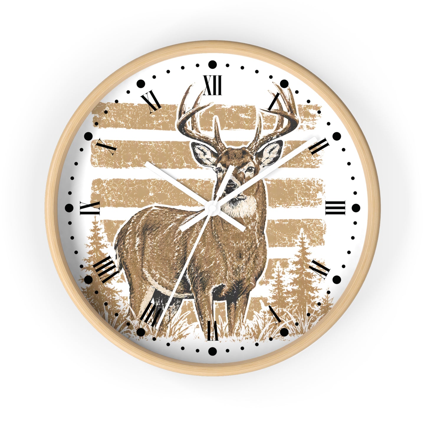 A round wall clock with a light wood frame, featuring a white face printed with a brown deer illustration, tan horizontal stripes, black Roman numerals, and white hands.