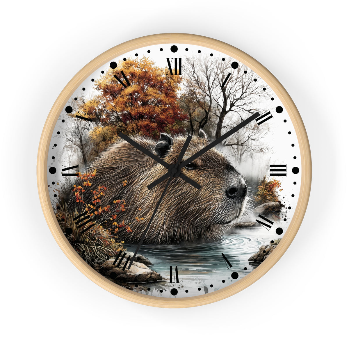Round wall clock with a light wood frame and a printed nature scene featuring a capybara in shallow water with autumn trees. The clock face has black Roman numerals, black hour markers, and black hands on a white background.