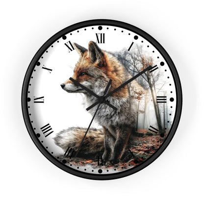 Round wall clock with a black frame and a printed fox scene on the face, featuring Roman numerals and black hands, shown against a plain white background.