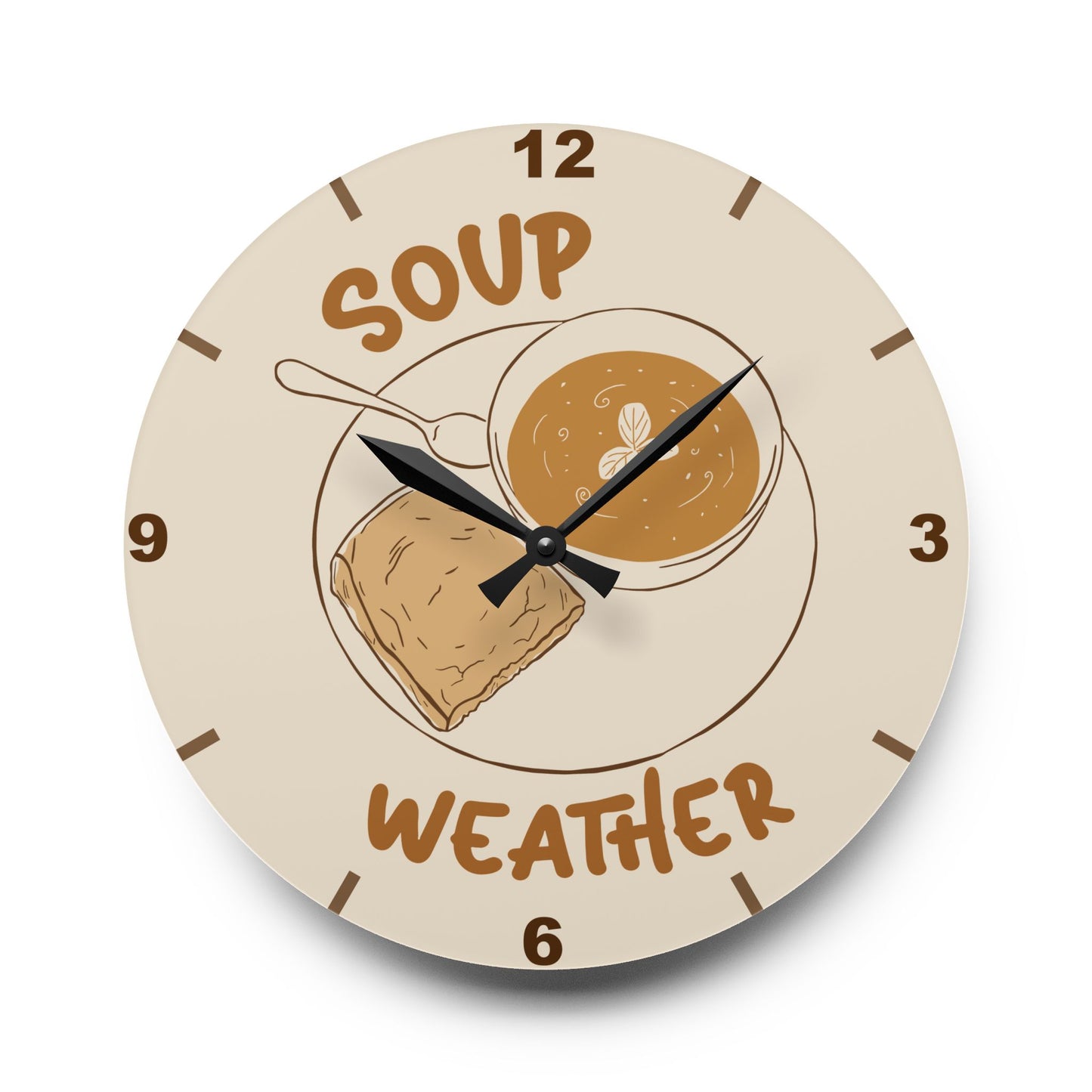 Soup Weather Acrylic Wall Clock — Cozy Kitchen Clock with Soup & Bread Illustration