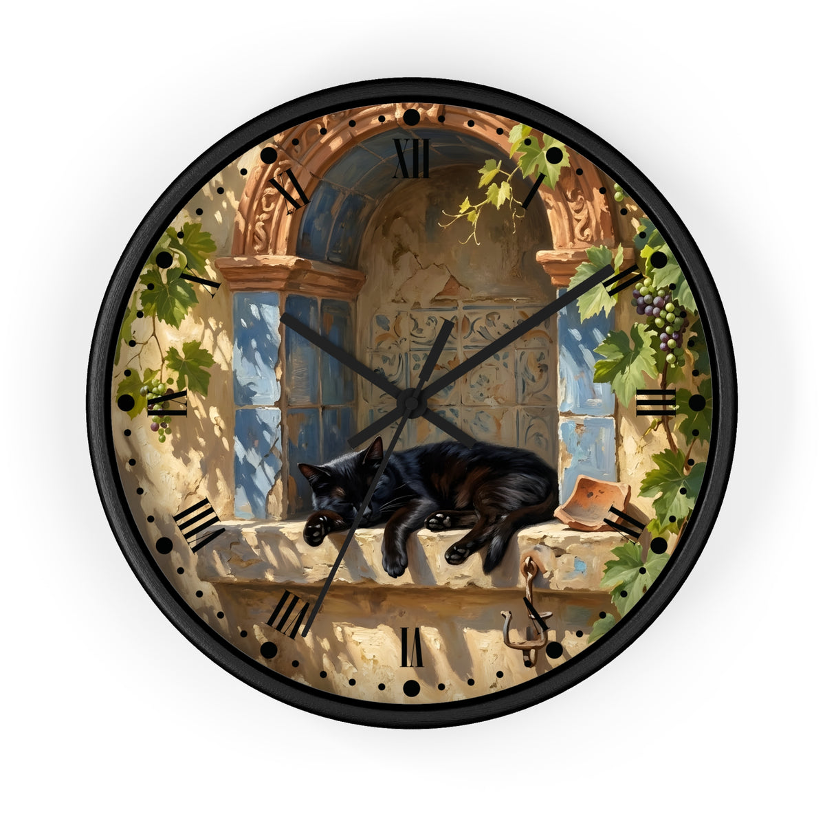 A round wall clock with a black frame and a detailed illustration of a black cat sleeping on a stone windowsill in front of blue windows and green vines, with black Roman numerals on a light beige background.