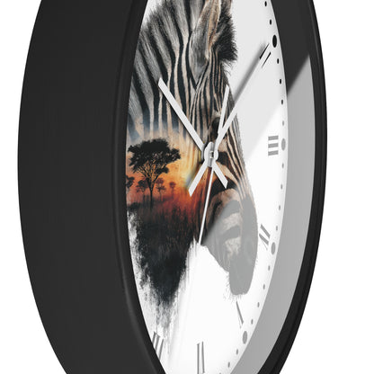 Zebra Sunset Wall Clock with Roman Numerals — African Savanna Animal Decor