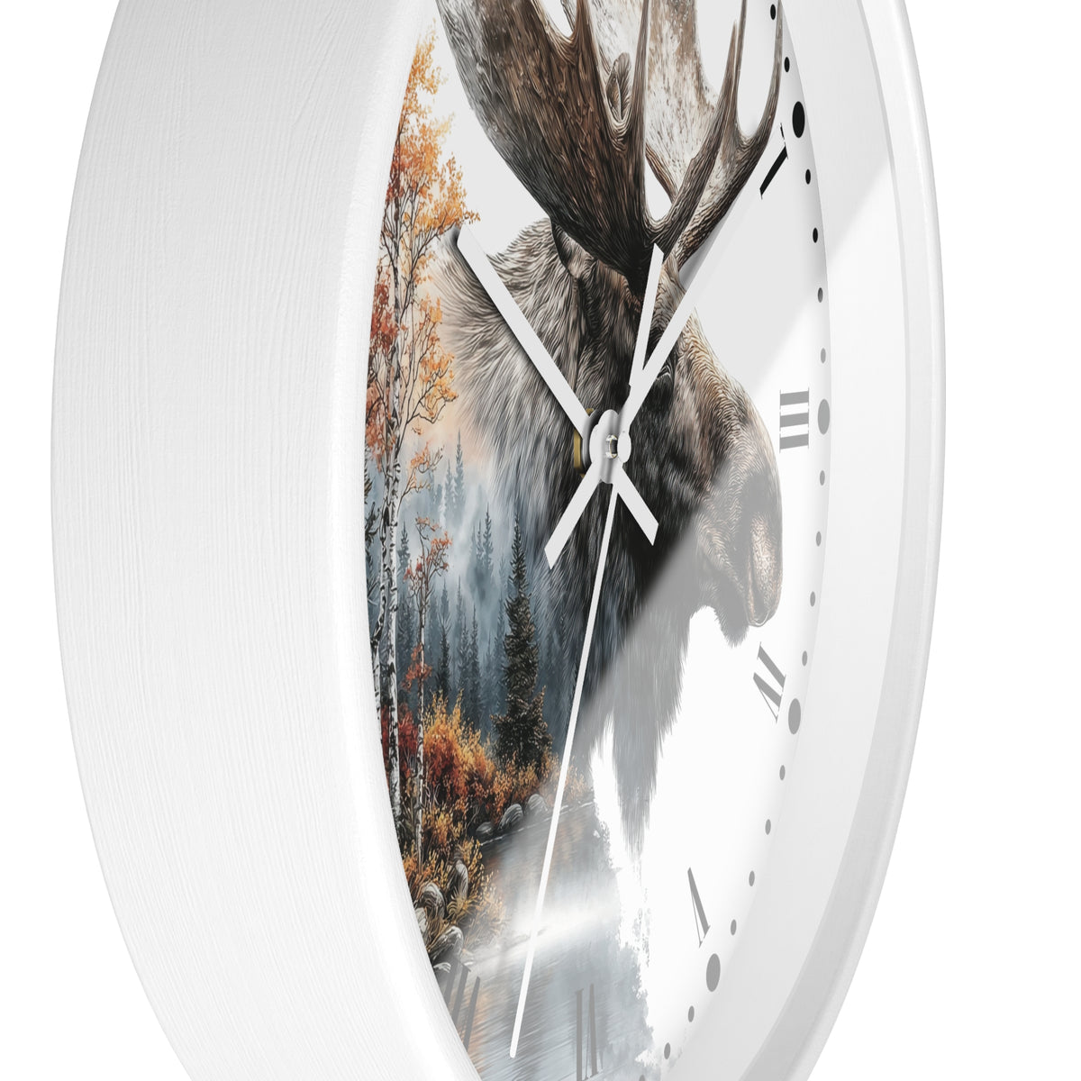 A white round wall clock with a split design: one half shows a moose head and the other half shows a forest scene, with white hands and black Roman numerals.