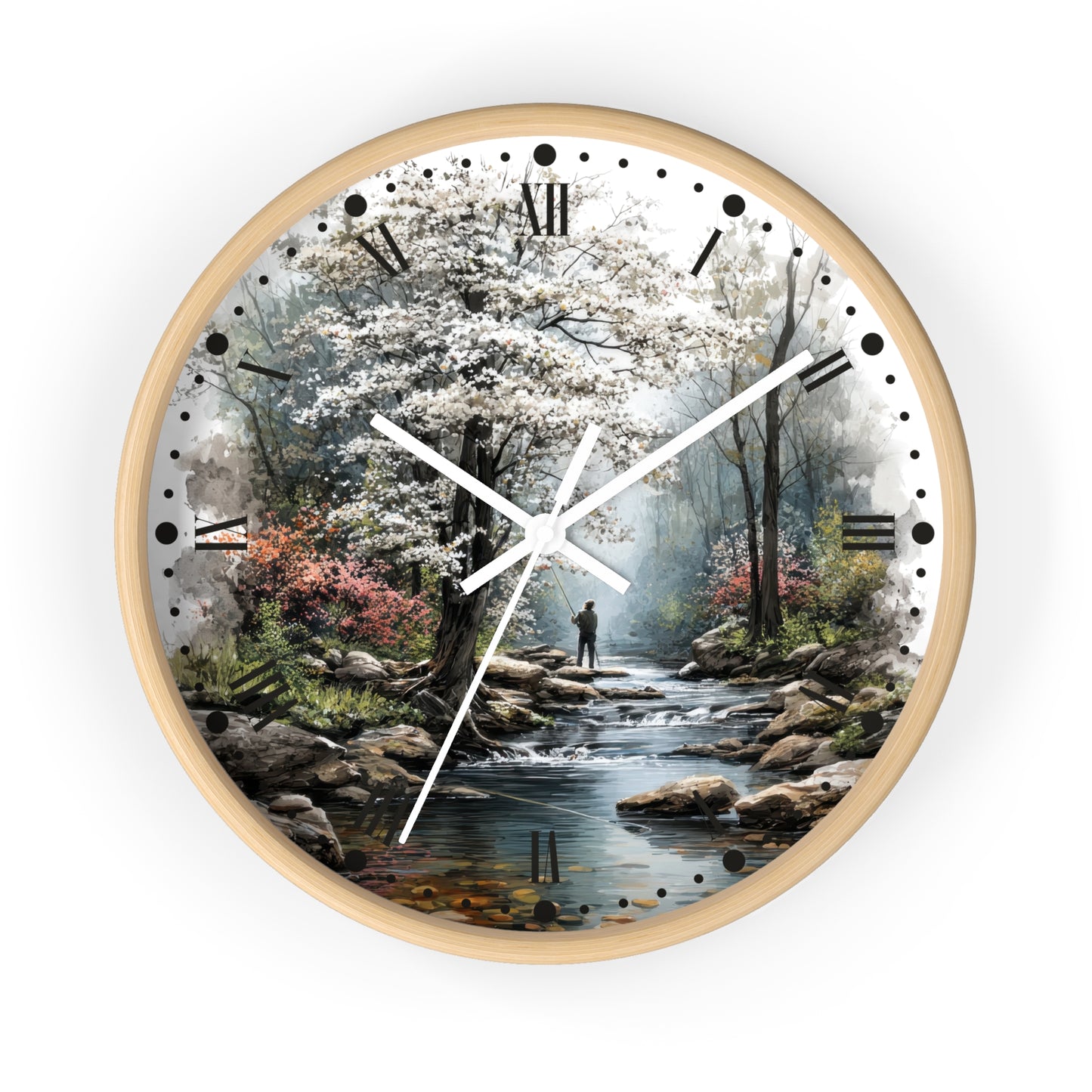 Round wall clock with a light wood frame and a scenic print of a stream, flowering trees, rocks, and a small figure walking along the water. The clock face has black Roman numerals and black dot hour markers, with white clock hands.