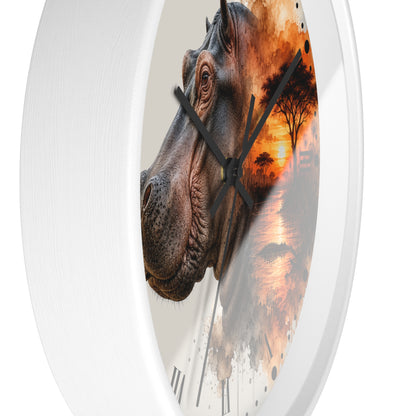 A round wall clock with a white textured frame and a printed face featuring a close-up hippopotamus head layered over an orange sunset landscape with trees and water.