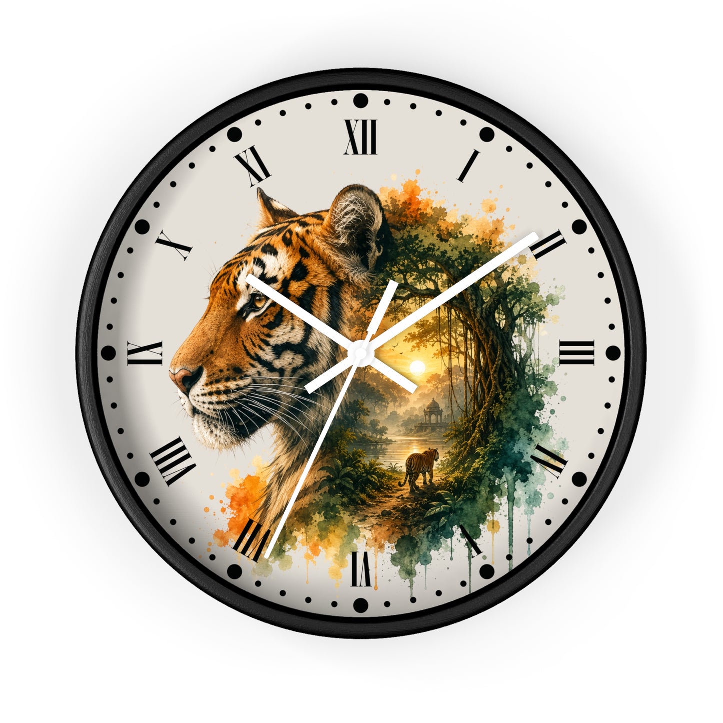 A round wall clock with a black frame and a printed face featuring a tiger's head on the left and a forest scene with a deer on the right, set against a plain white background.